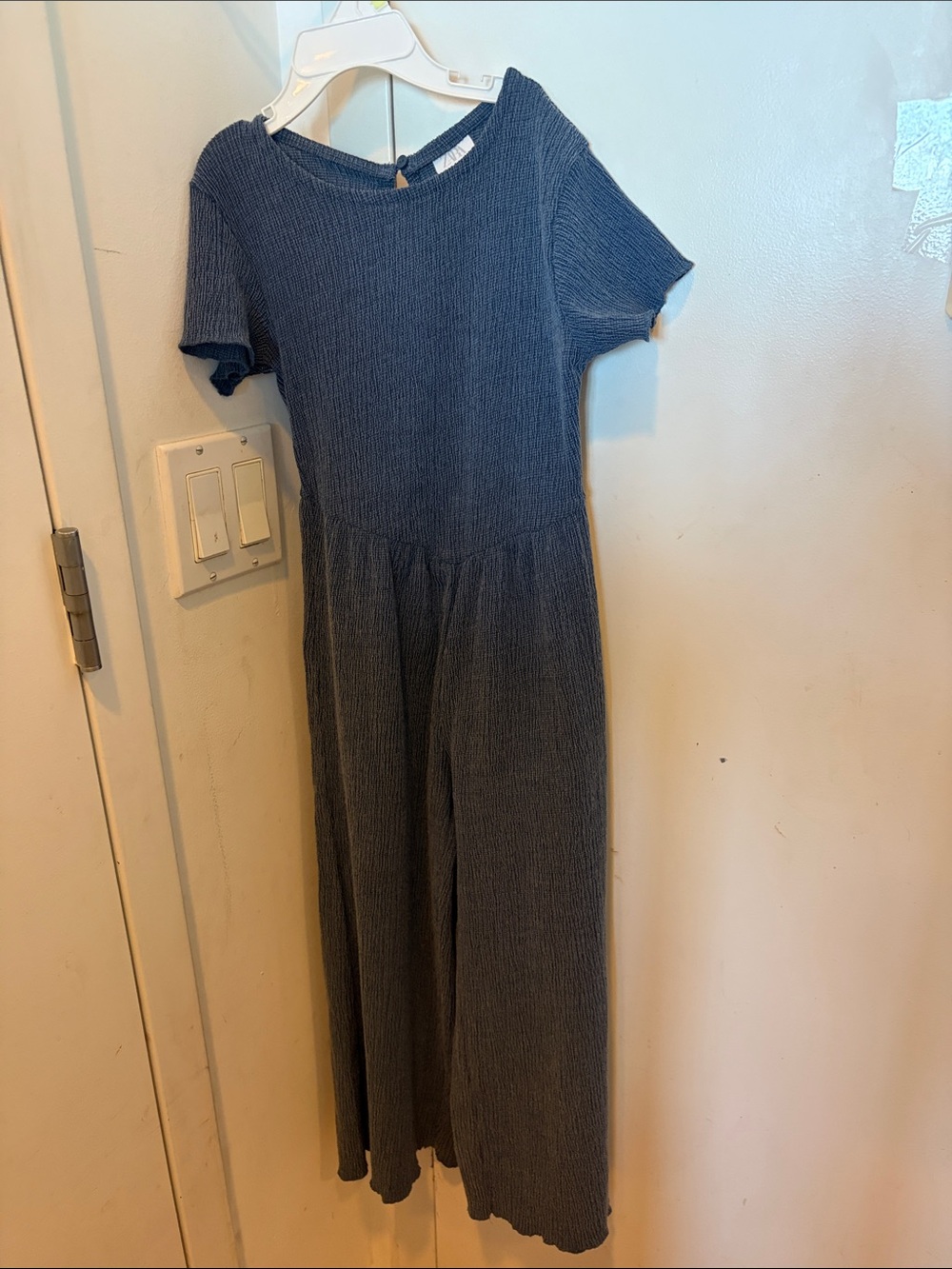 Zara Navy Ribbed Short-Sleeve Jumpsuit
